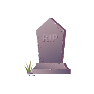 Başlığı RIP Illustrasyon olan eski taş mezar taşı, beyaz zemin üzerinde çimen izole mezar taşı