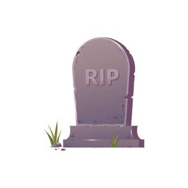 Başlığı RIP Illustrasyon olan eski taş mezar taşı, beyaz zemin üzerinde çimen izole mezar taşı