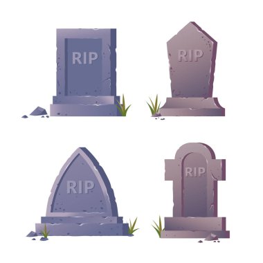 Başlığı RIP Illustrasyon olan eski taş mezar taşı, beyaz zemin üzerinde çimen izole mezar taşı