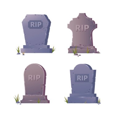 Başlığı RIP Illustrasyon olan eski taş mezar taşı, beyaz zemin üzerinde çimen izole mezar taşı