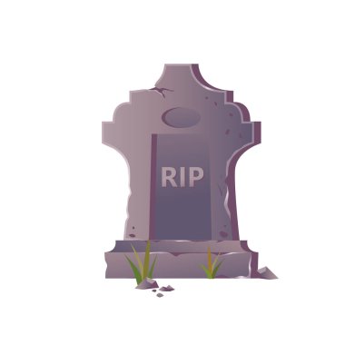 Başlığı RIP Illustrasyon olan eski taş mezar taşı, beyaz zemin üzerinde çimen izole mezar taşı