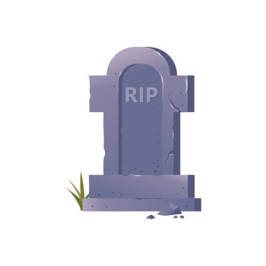 Başlığı RIP Illustrasyon olan eski taş mezar taşı, beyaz zemin üzerinde çimen izole mezar taşı