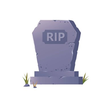 Başlığı RIP Illustrasyon olan eski taş mezar taşı, beyaz zemin üzerinde çimen izole mezar taşı
