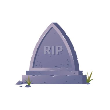 Başlığı RIP Illustrasyon olan eski taş mezar taşı, beyaz zemin üzerinde çimen izole mezar taşı