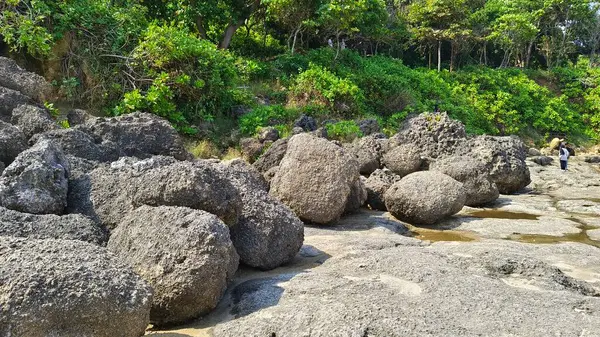 Tulungagung, Doğu Java 'daki Kedung Tumpang plajı açık mavi gökyüzünün altında ufka uzanan kayalık bir sahil şeridi..