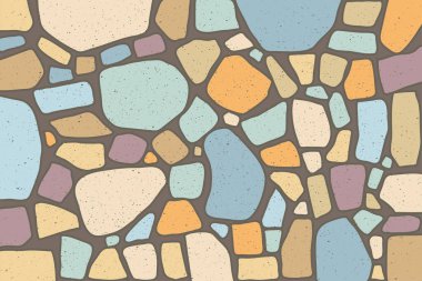 Düzensiz şekilli, renkli taşlar ya da benekli desenli mozaik fayanslar, oyuncu ve sanatsal estetik bir desen içeren canlı ve soyut dikişsiz desen.