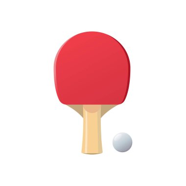 Tahta saplı kırmızı ping pong raketi ve arka planda beyaz bir masa tenisi topu..