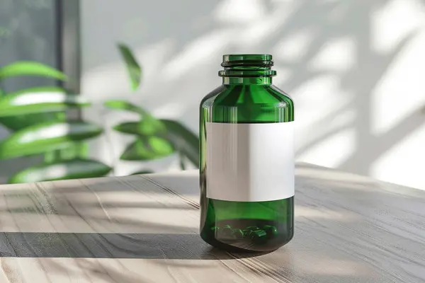 stock image Green Supplement Bottle Mockup on Table for Health and Wellness Promotions.