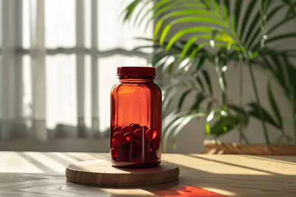 stock image Red Medicine Supplement Bottle Mockup for Health Marketing.