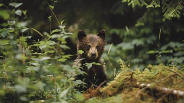 Tiny baby bear cub exploring a dense, green forest clipart