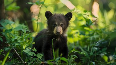 Tiny baby bear cub exploring a dense, green forest clipart