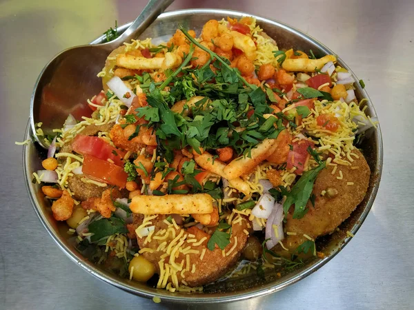 stock image Masala chaat sev puri dish, a popular street food of India