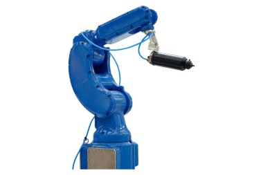 Blue robotic installed blow spray arms for workshop paint and brush metalwork on industrial smart factory, industry 4.0, isolated on white background