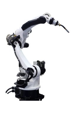 Beyaz robotik kaynak silahları endüstriyel akıllı fabrikada metal kaynaklama, endüstri 4.0, beyaz arka planda izole