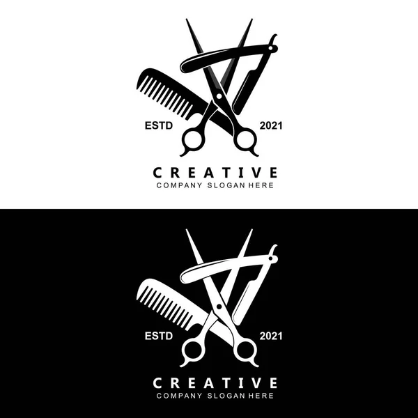 Логотип Парикмахерской Векторный Дизайн Волос Стрижки Ножницами Бритвой — стоковый вектор