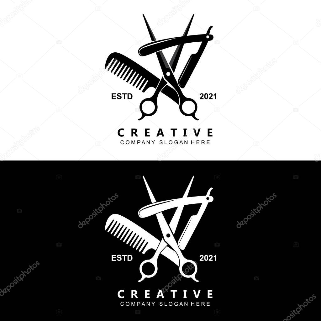 Barbershop Logo Vector Stylish Hair Design For Haircut, With Scissors And Shaver