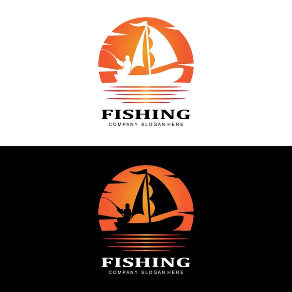 Balıkçı Logosu Vektörü Teknede Balık Yakalamak Gün Batımı Siluet Tasarımı — Stok Vektör