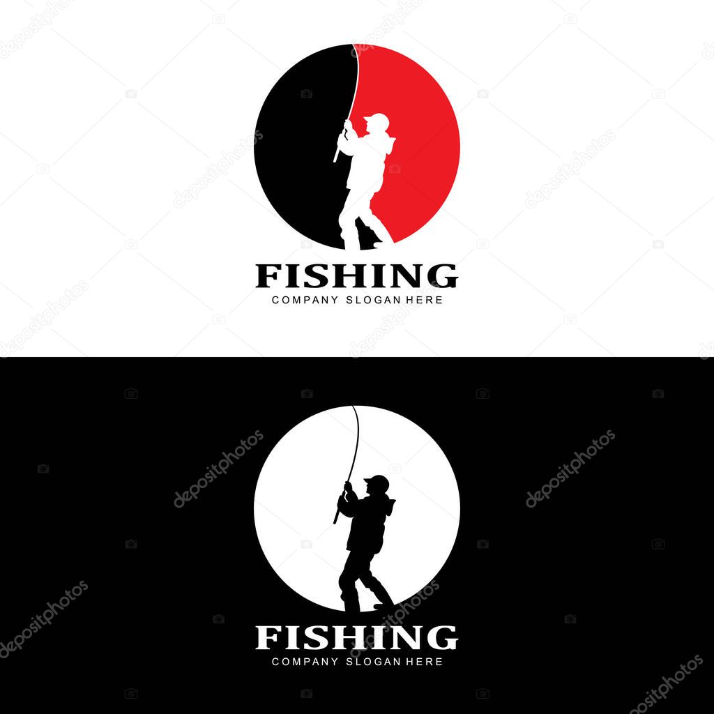 Fishing logo icon vector, catch fish on the boat, outdoor sunset silhouette design