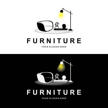 Mobilya logosu, ev mobilyası tasarımı, oda ikonu illüstrasyonu, masa, sandalye, lamba, çerçeve, saat, saksı