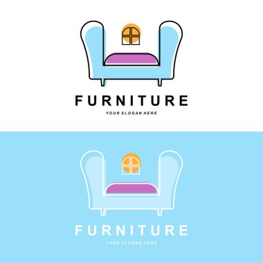 Mobilya logosu, ev mobilyası tasarımı, oda ikonu illüstrasyonu, masa, sandalye, lamba, çerçeve, saat, saksı