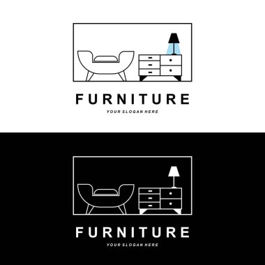 Mobilya logosu, ev mobilyası tasarımı, oda ikonu illüstrasyonu, masa, sandalye, lamba, çerçeve, saat, saksı