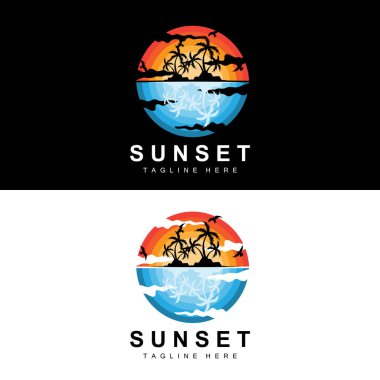 Sunset Beach Logo Design, Seascape Illustration, Red Day Vacation Spot Vector