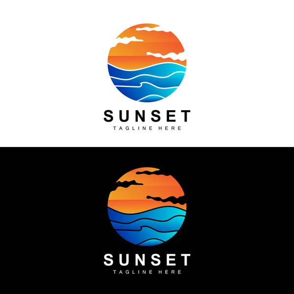 Sunset Beach Logo Design Seascape Illustration Red Day Vacation Spot — Stockvektor