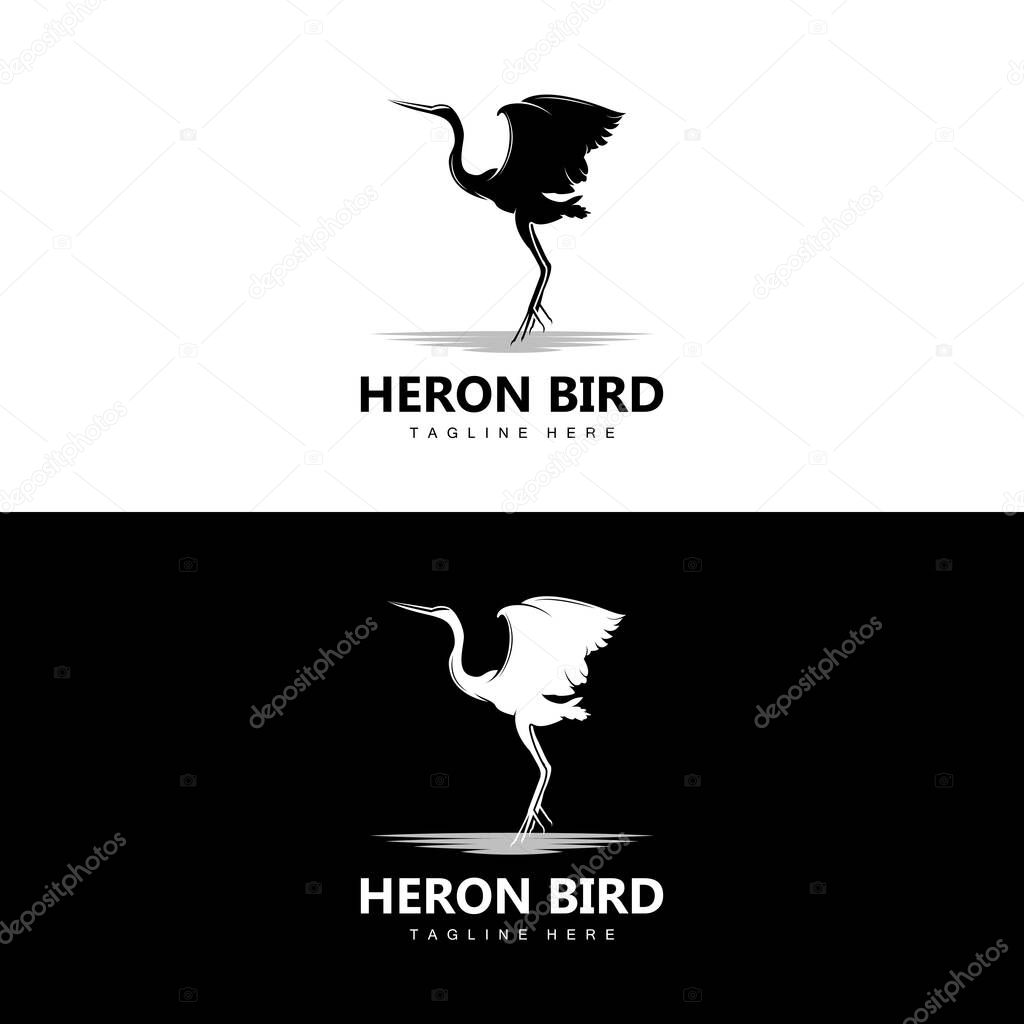 Bird Heron Stork Logo Design, Birds Heron Flying On The River Vector, Product Brand Illustration