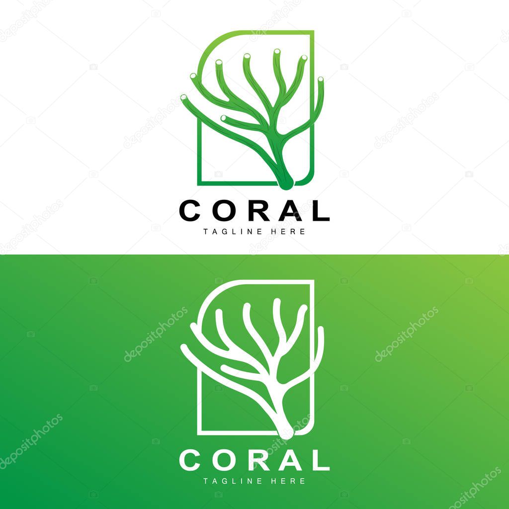 Coral Logo, Sea Plants Place Marine Animals, Ocean Vector, Seaweed Icons