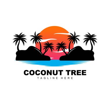 Hindistan Cevizi Ağacı Logosu, Okyanus Ağacı Vektörü, Şablon Tasarımı, Ürün Markası, Plaj Turizmi Logosu