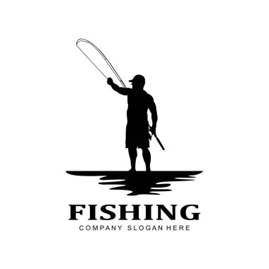 balıkçı logosu vektörü, teknede balık yakalamak, gün batımı siluet tasarımı