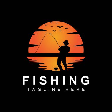 fishing logo icon vector, catch fish on the boat, outdoor sunset silhouette design clipart