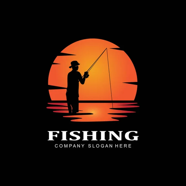 Fishing Logo Icon Vector Catch Fish Boat Outdoor Sunset Silhouette — Stock vektor