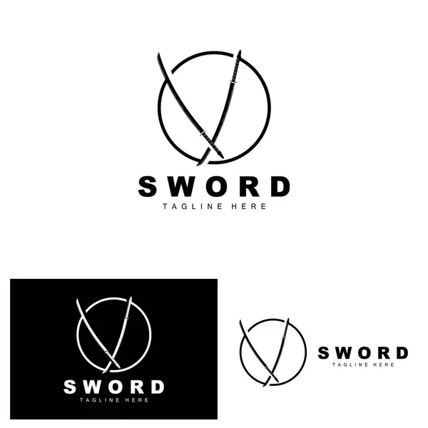 Sword Logo Samurai Katana Monochrome Design Vector War Weapon Cutting — Vetor de Stock