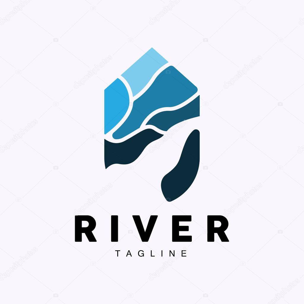 River Logo, Streamer Vector, River Bank, Mountains And Farm Design, Illustration Symbol Icon