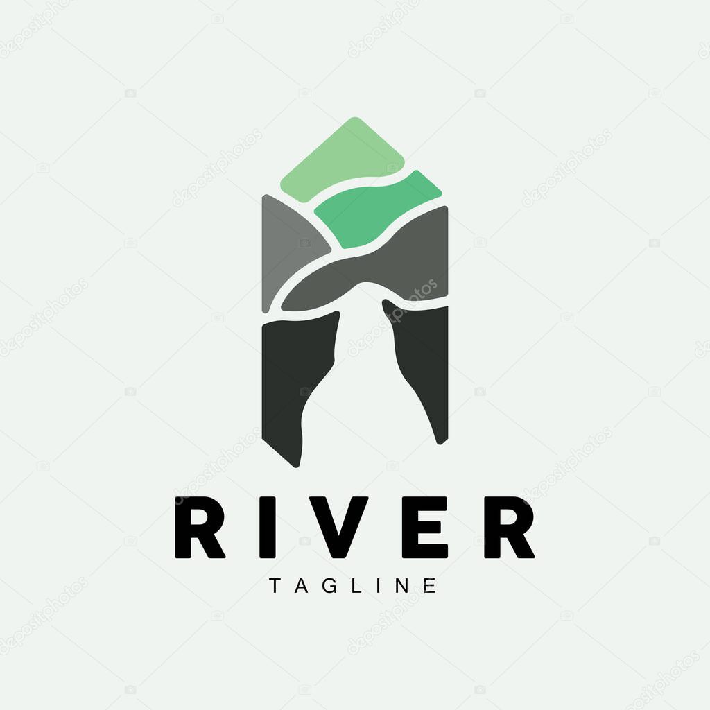 River Logo, Streamer Vector, River Bank, Mountains And Farm Design, Illustration Symbol Icon