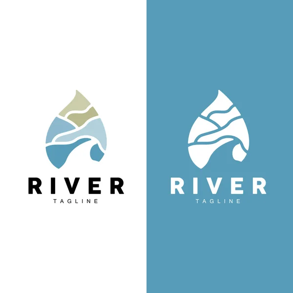 Logo Rivière Vecteur Ruisseau Rive Rivière Montagnes Conception Ferme Icône — Image vectorielle