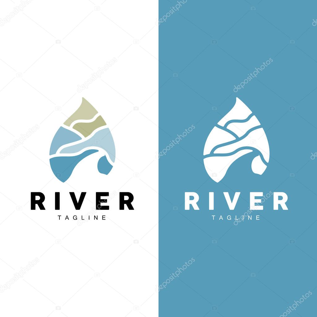 River Logo, Streamer Vector, River Bank, Mountains And Farm Design, Illustration Symbol Icon