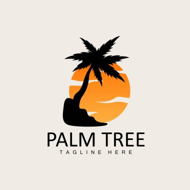 Hindistan cevizi ağacı logosu, Palm Tree Sunset Plaj Vektörü, Zarif Minimalist Basit Tasarım, Sembol Şablonu Simgesi Simgesi Simgesi Simgesi