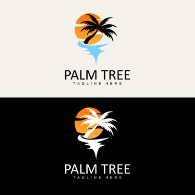 Hindistan cevizi ağacı logosu, Palm Tree Sunset Plaj Vektörü, Zarif Minimalist Basit Tasarım, Sembol Şablonu Simgesi Simgesi Simgesi Simgesi