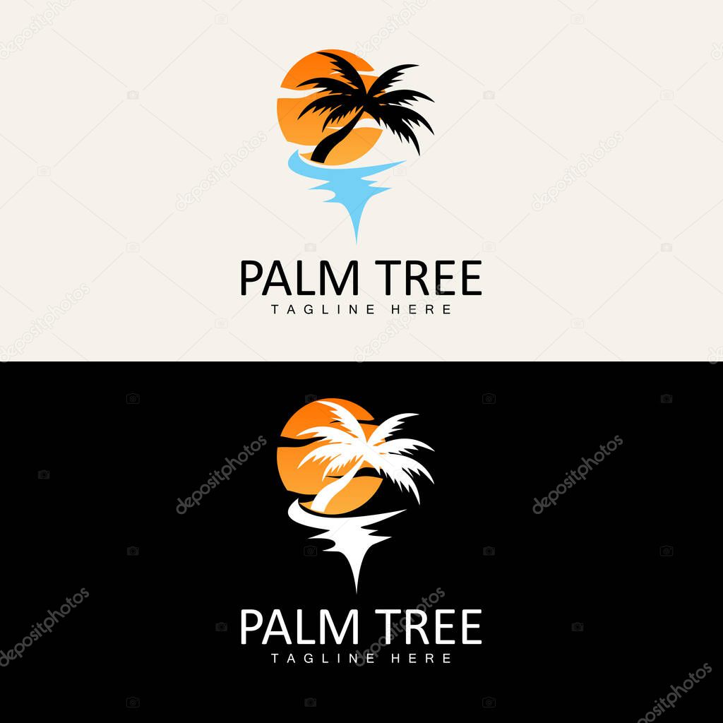 Coconut Tree Logo, Palm Tree Sunset Beach Vector, Elegant Minimalist Simple Design, Symbol Template Icon