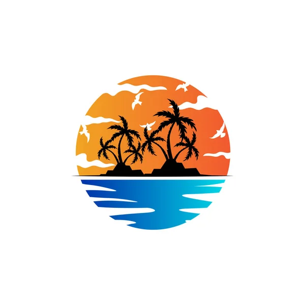 Sunset Logo Sun Vector Beach Naturlandskap Minimalistisk Design Märke Illustration — Stock vektor