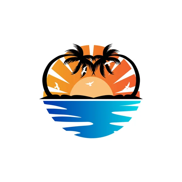 Sunset Logo Sun Vector Beach Naturlandskap Minimalistisk Design Märke Illustration — Stock vektor