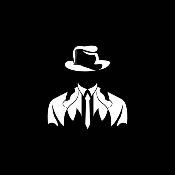Detective Man Logo Design Mafia Detective Fashion Tuxedo Cappello Illustrazione — Vettoriale Stock