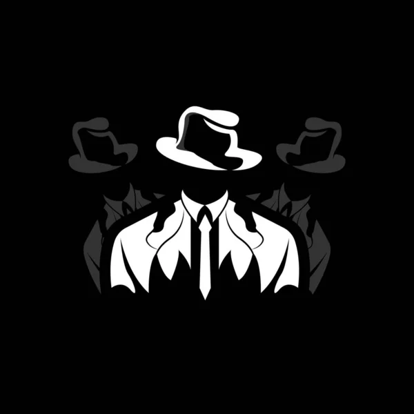 侦探男子标志设计 黑手党侦探时装塔克塞多和帽子插图矢量 黑人商人图标 — 图库矢量图片