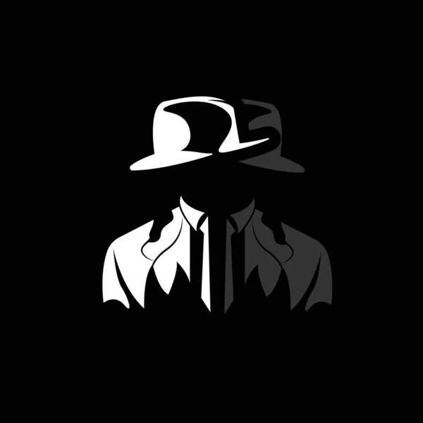 侦探男子标志设计 黑手党侦探时装塔克塞多和帽子插图矢量 黑人商人图标 — 图库矢量图片
