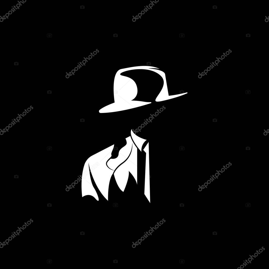 Detective Man Logo Design, Mafia Detective Fashion Tuxedo And Hat Illustration Vector, BlackMan Businesman Icon