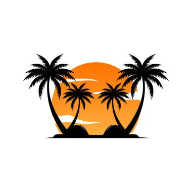 Hindistan Cevizi Ağacı Logosu Tasarımı, Plaj Bitkisi Vektörü, Palmiye Ağacı Yazı, Çizim Şablonu
