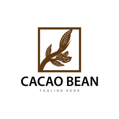 Çikolata Fasulyesi Logosu, çikolata bitkisi tasarımı. Basit tohum yaprağı ve kök konseptiyle, ticari markalaşma için.