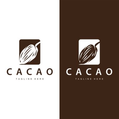 Çikolata Fasulyesi Logosu, çikolata bitkisi tasarımı. Basit tohum yaprağı ve kök konseptiyle, ticari markalaşma için.